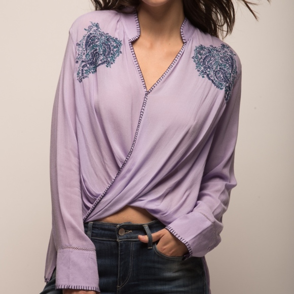 JACHS Girlfriend Tops - JACHS Girlfriend Embroidered Crossover Blouse